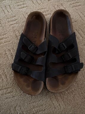 Birkenstock Black Triple Strap Suede Slide Sandals